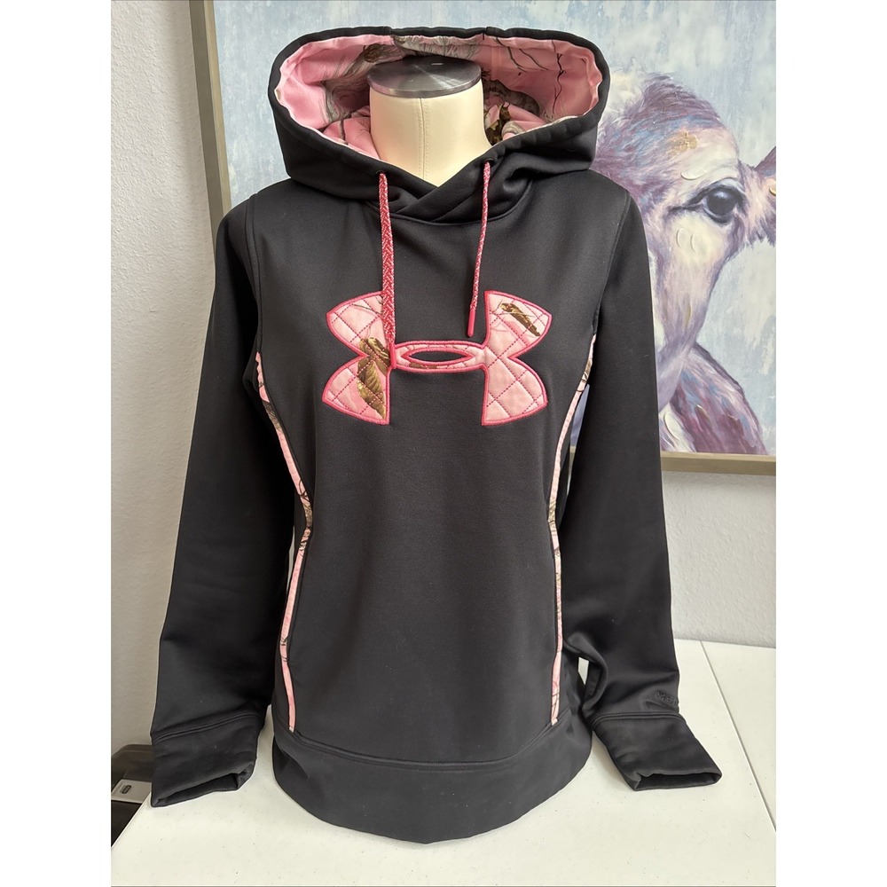 Under Armor Women's M Storm Semi Fitted Black Pink Camo Fleece Lined Sweatshirt